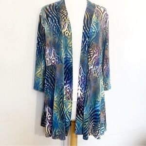 Caribe Blue And Black Beachy Multi-Print Open Front Silky Knit Cardigan L